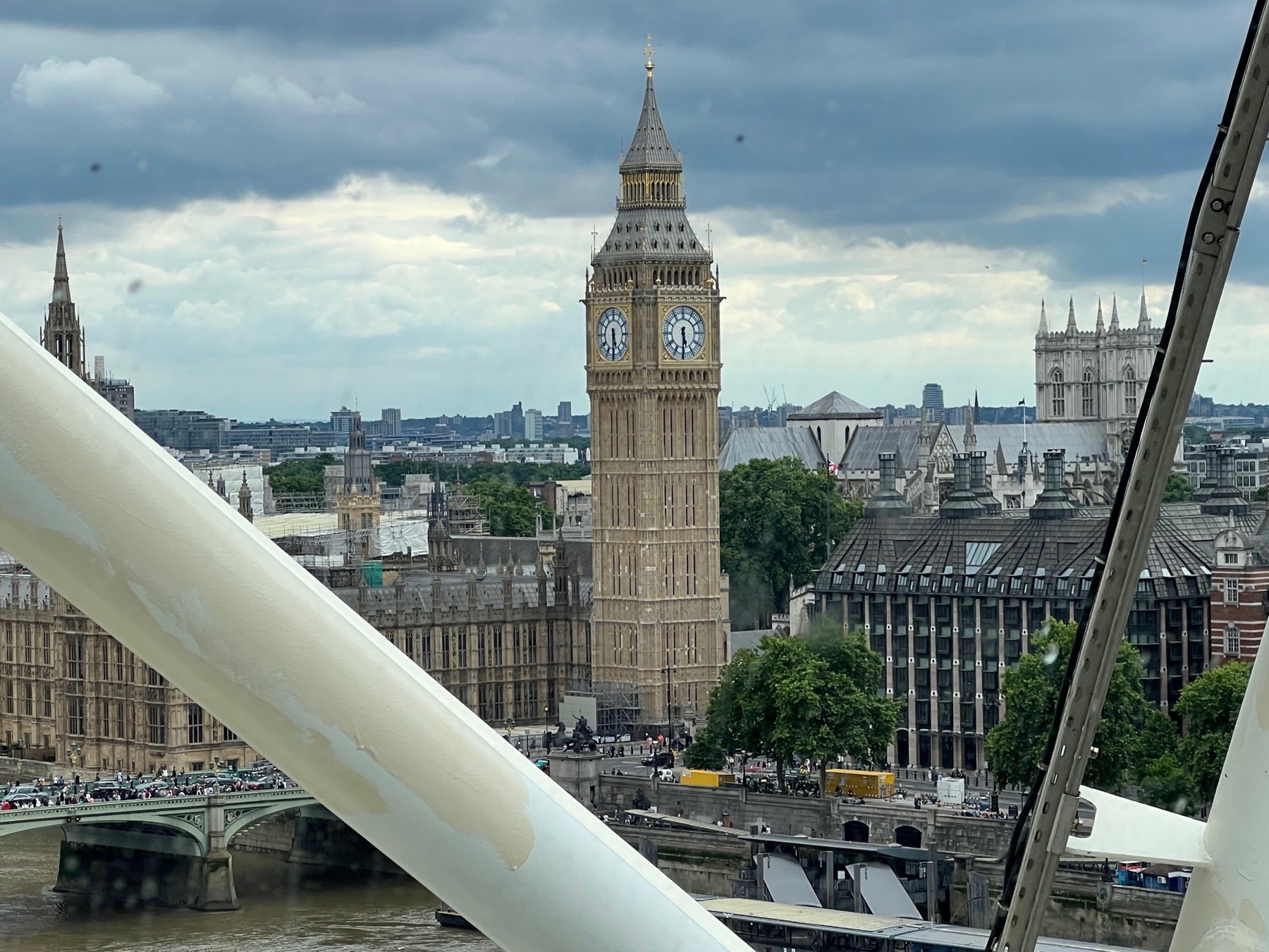 Big Ben and the Palace of Westminster viewed through the structure of the London Eye