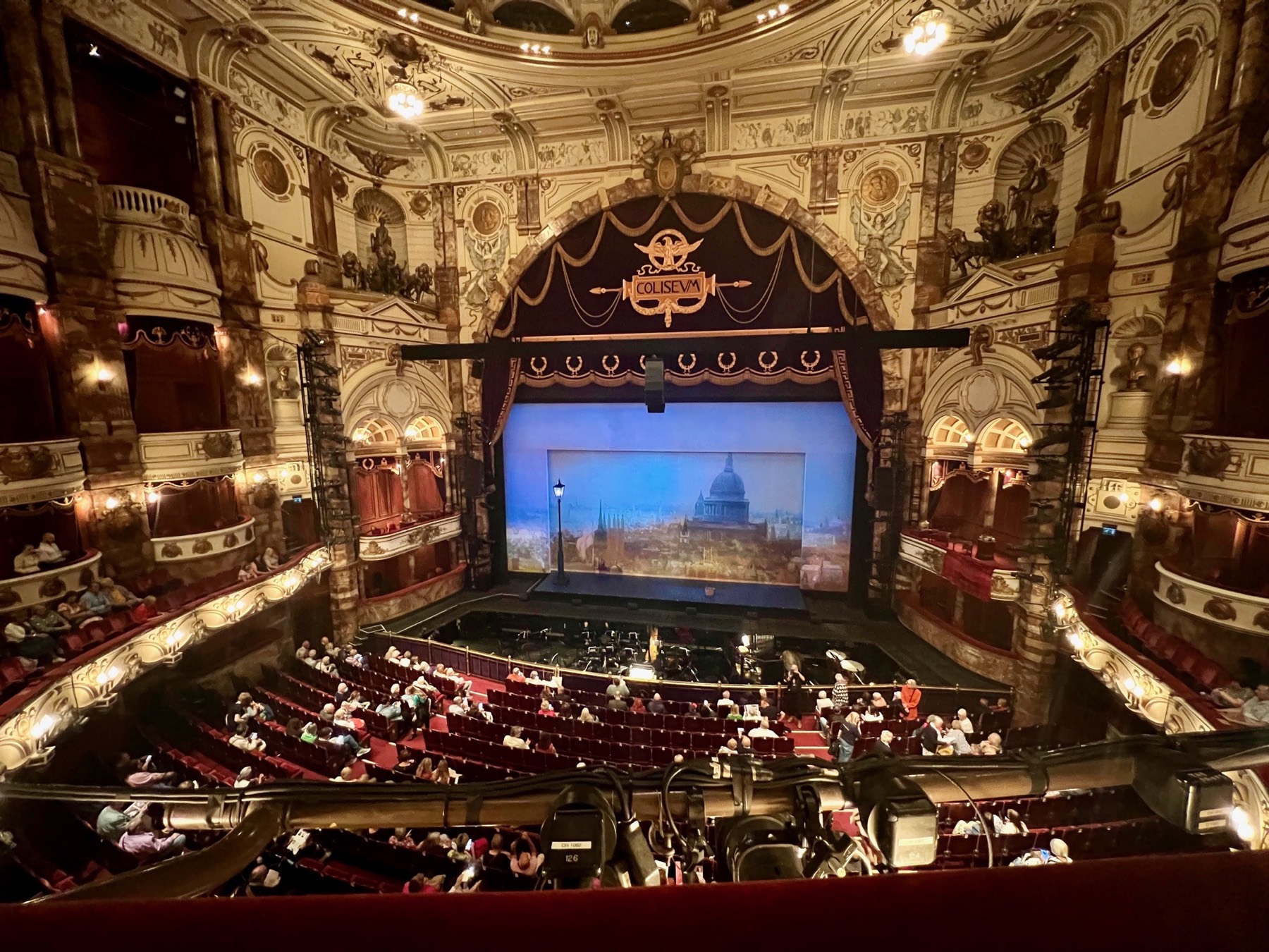 The illuminated London Coliseum entrance advertising My Fair Lady in 2022