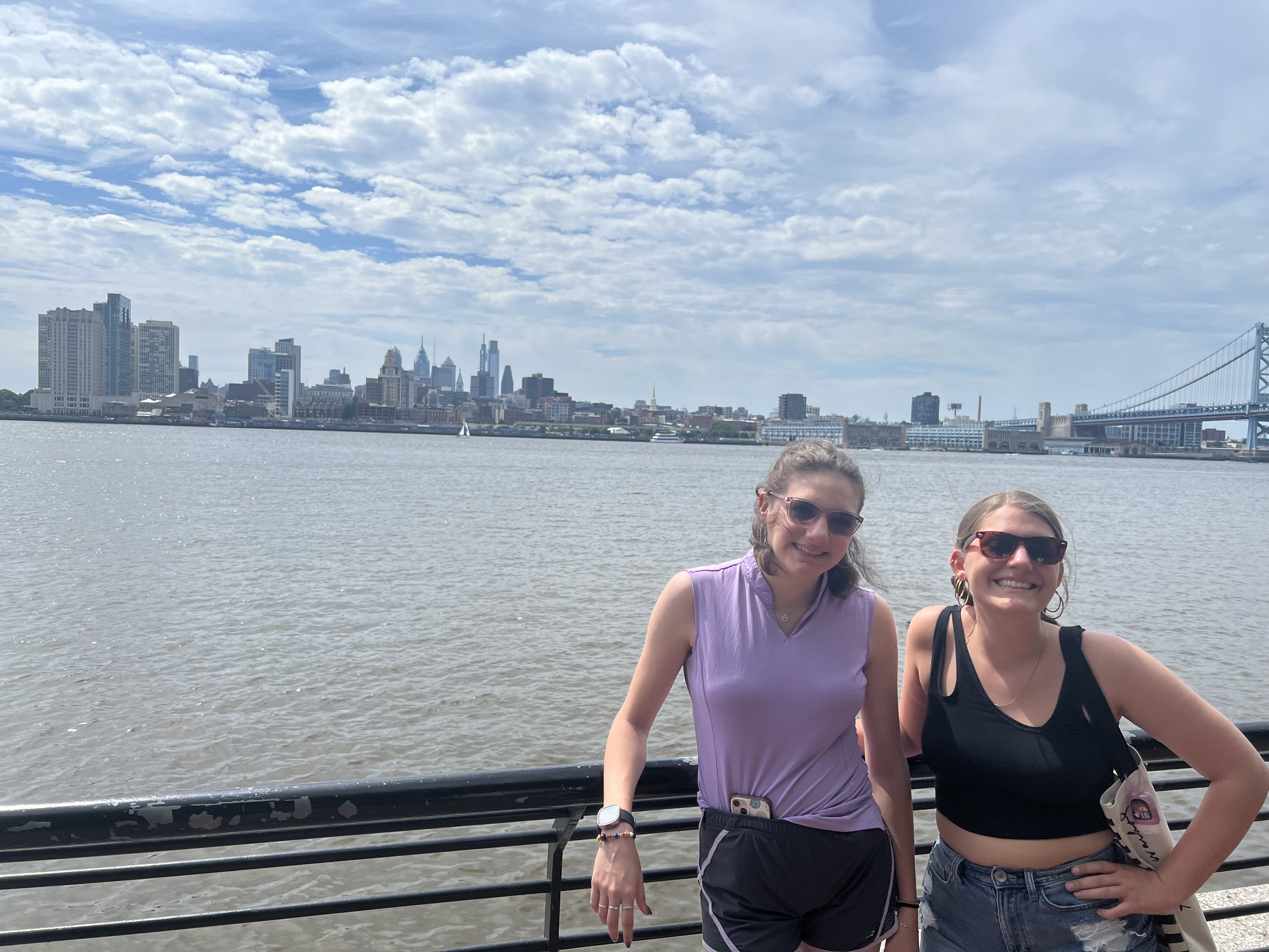 Two young women standing along the Camden waterfront with the Philadelphia skyline and Ben Franklin Bridge behind them