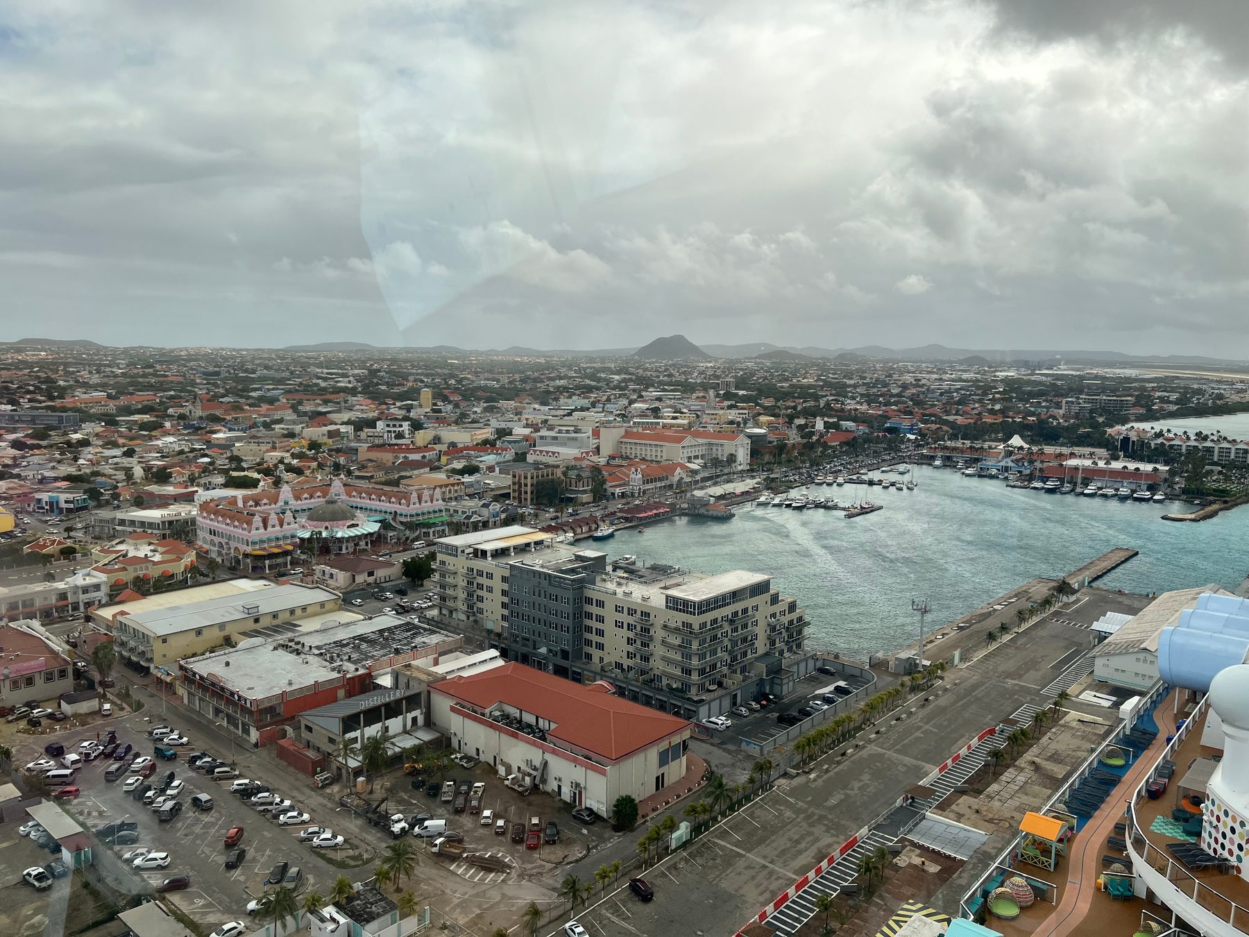 Oranjestad waterfront and cruise ships viewed from a ship in Aruba