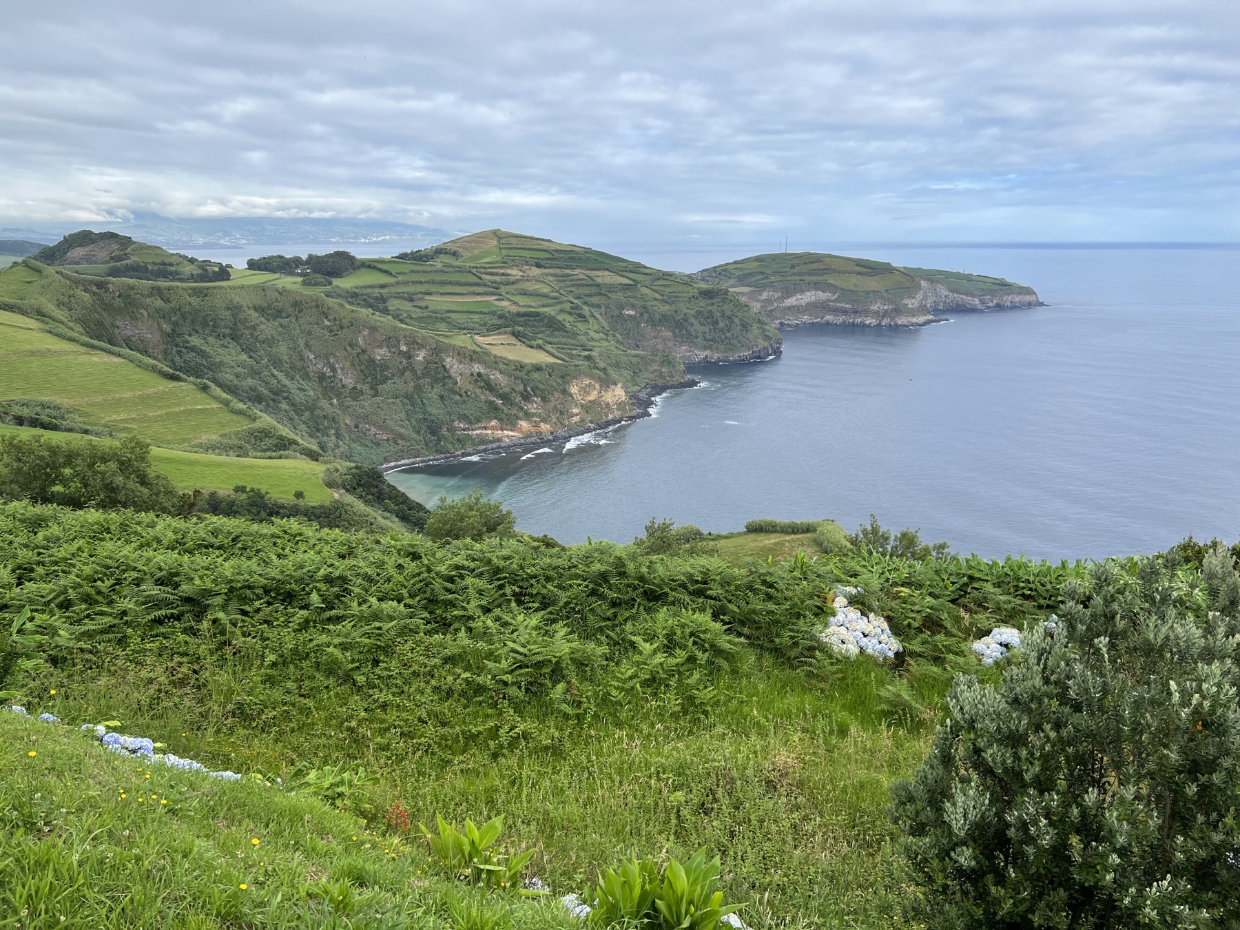 Green headlands and patchwork fields falling to the Atlantic along São Miguel’s northeast coast
