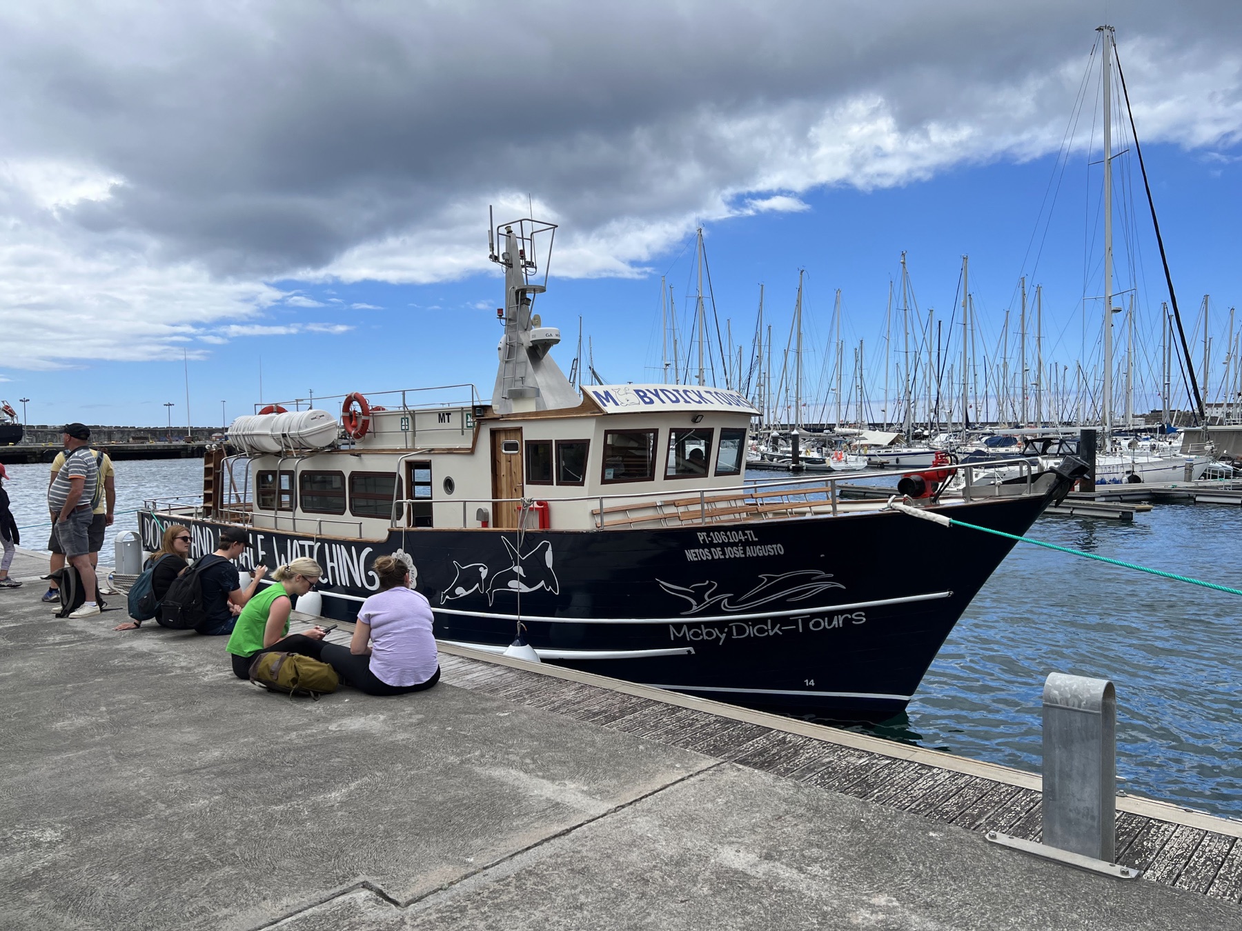 Whale-watching boat moored beside a marina full of sailboat masts in Ponta Delgada