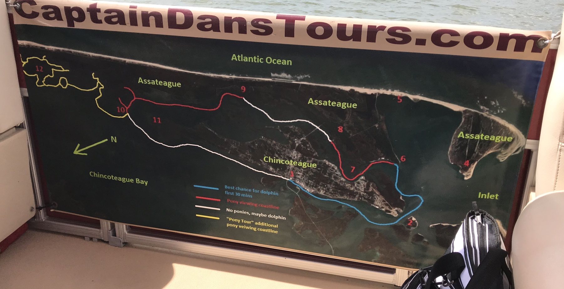 Captain Dan’s onboard map showing Chincoteague and Assateague with colored tour routes
