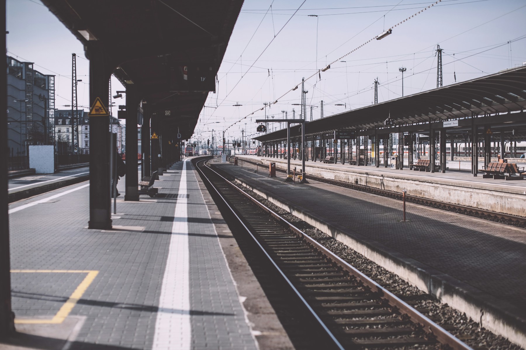 Railway tracks leading through a German train station