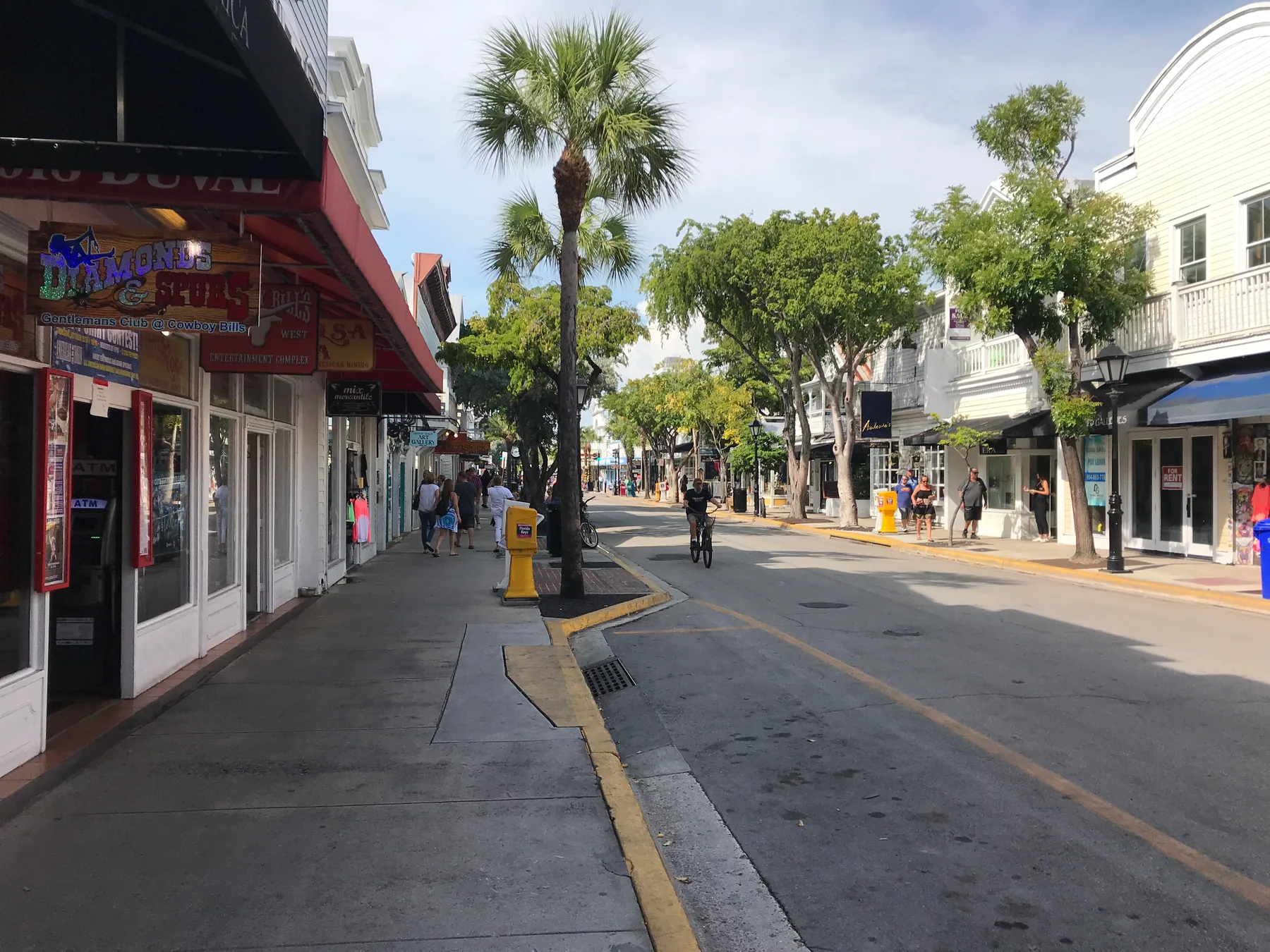 Palm-lined Duval Street with pedestrians, a bicyclist, shops, and restaurants in Key West