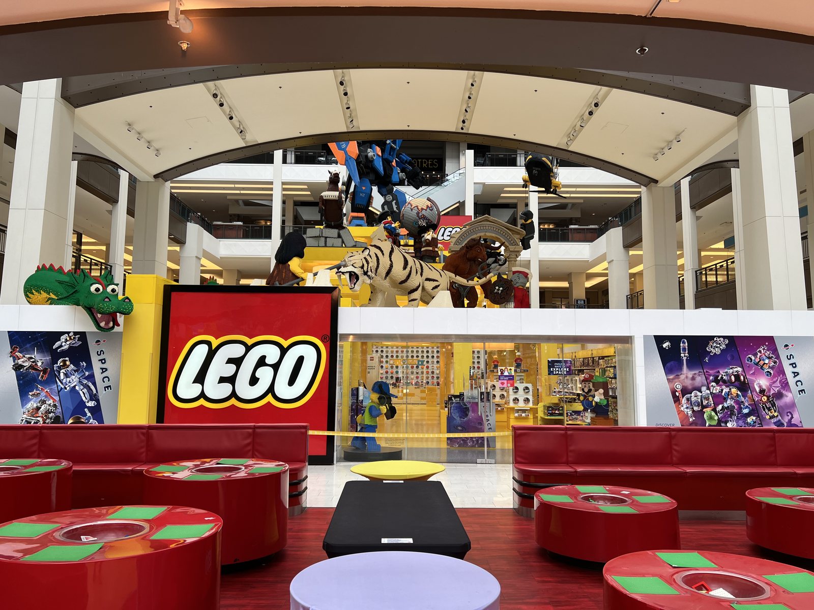 The entrance to the LEGO Store beneath a large LEGO-built display in Mall of America
