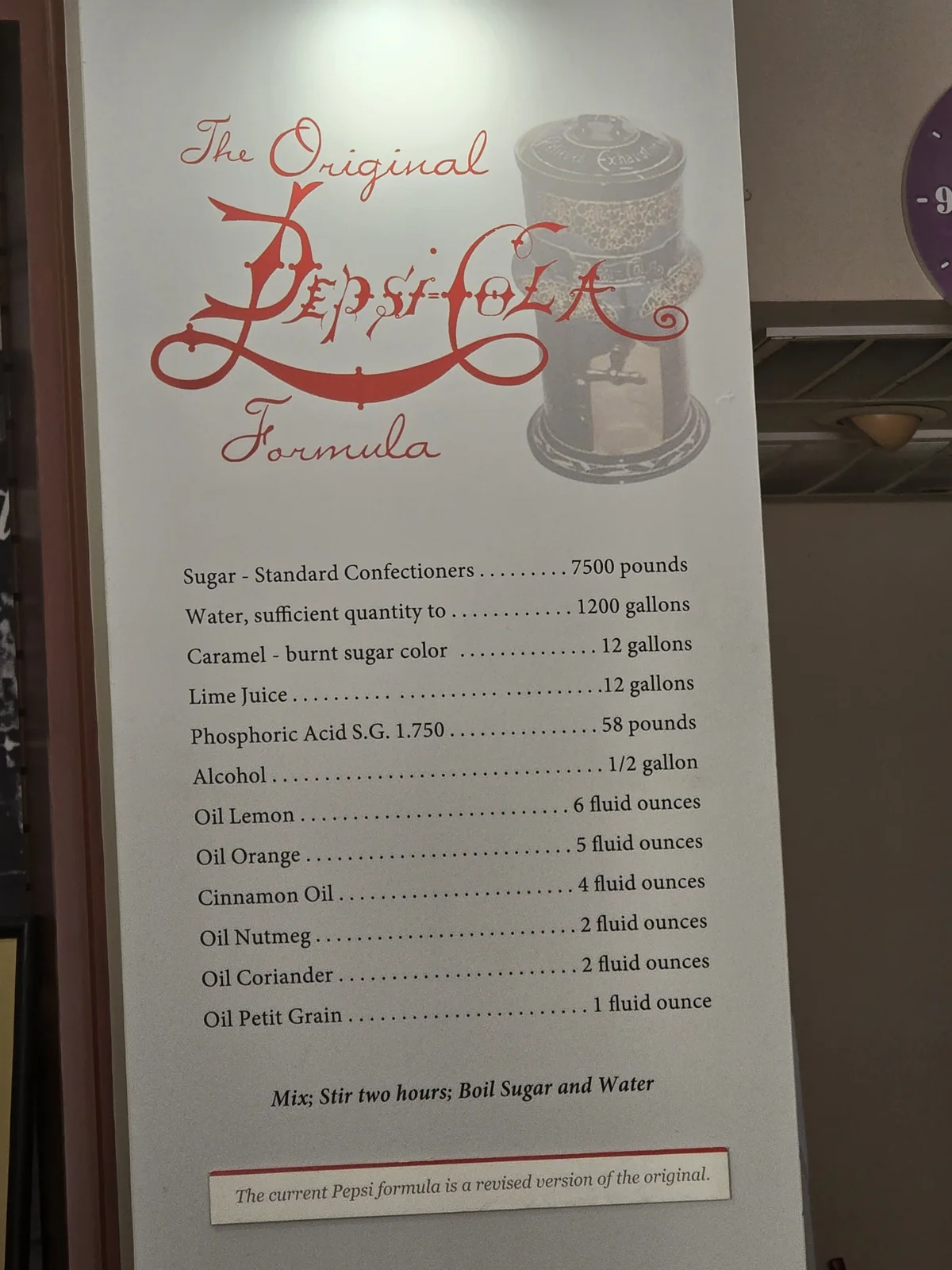 A wall display titled The Original Pepsi-Cola Formula at the Birthplace of Pepsi in New Bern