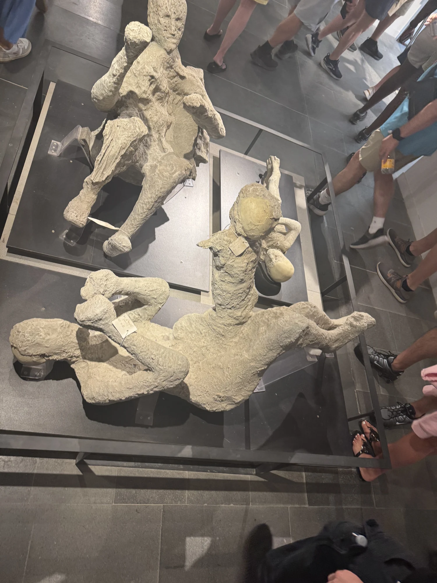 Casts of eruption victims displayed behind glass at Pompeii
