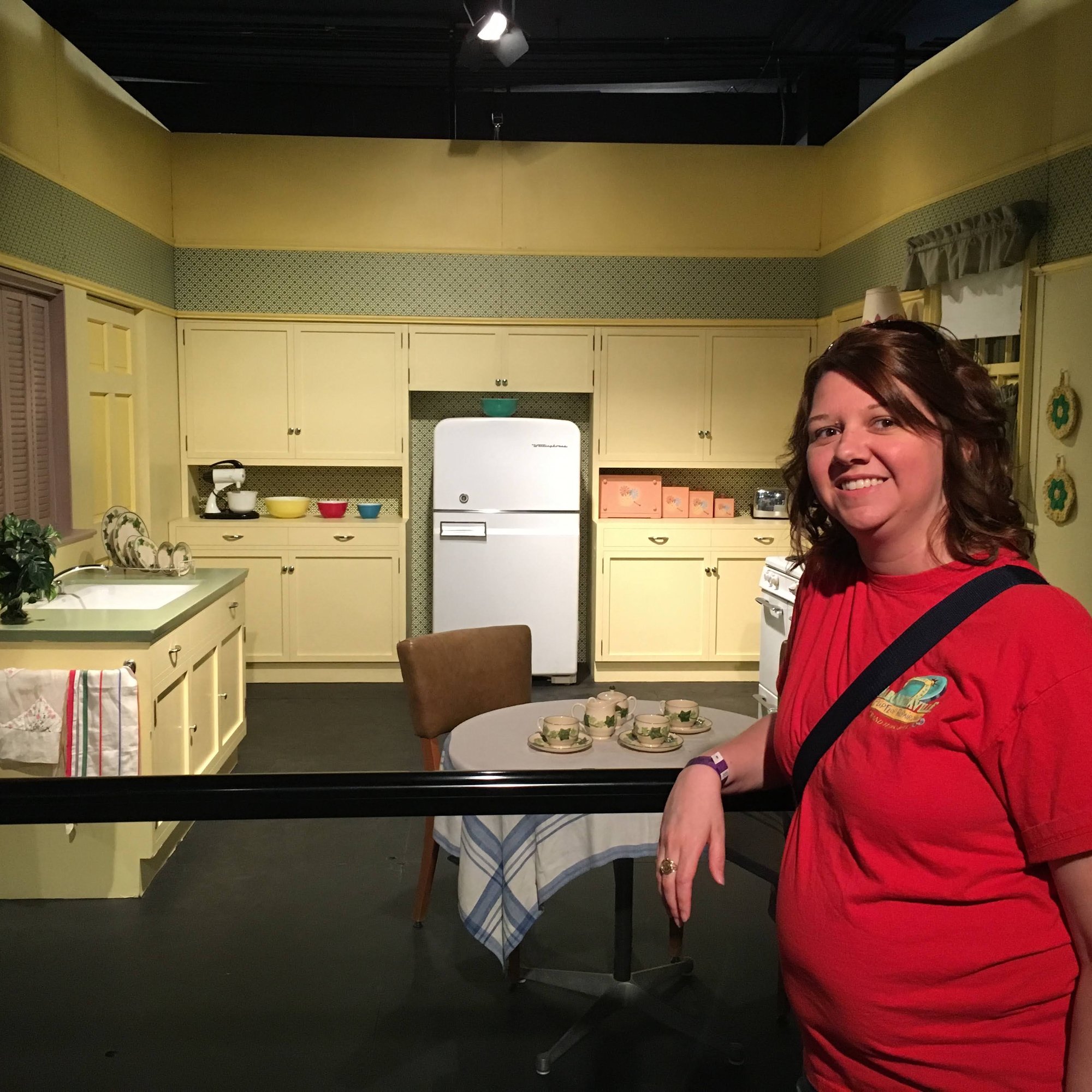 Angela beside a recreation of the I Love Lucy kitchen in Jamestown