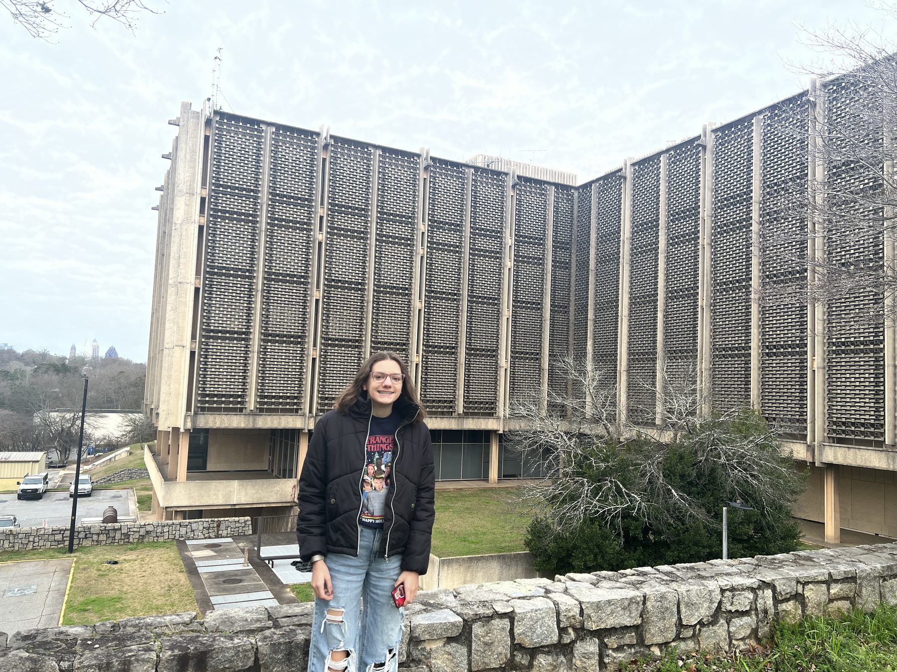 Angie’s daughter standing outside the building used as Hawkins National Laboratory near Atlanta