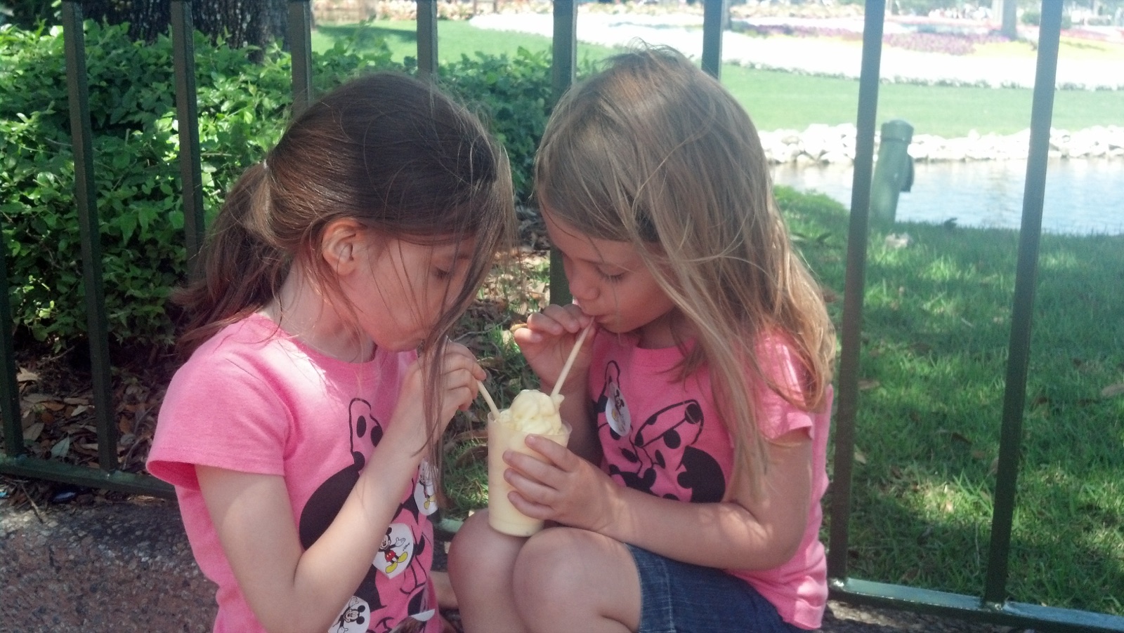 Two of Angela’s daughters sharing a Dole Whip during a warm Walt Disney World day