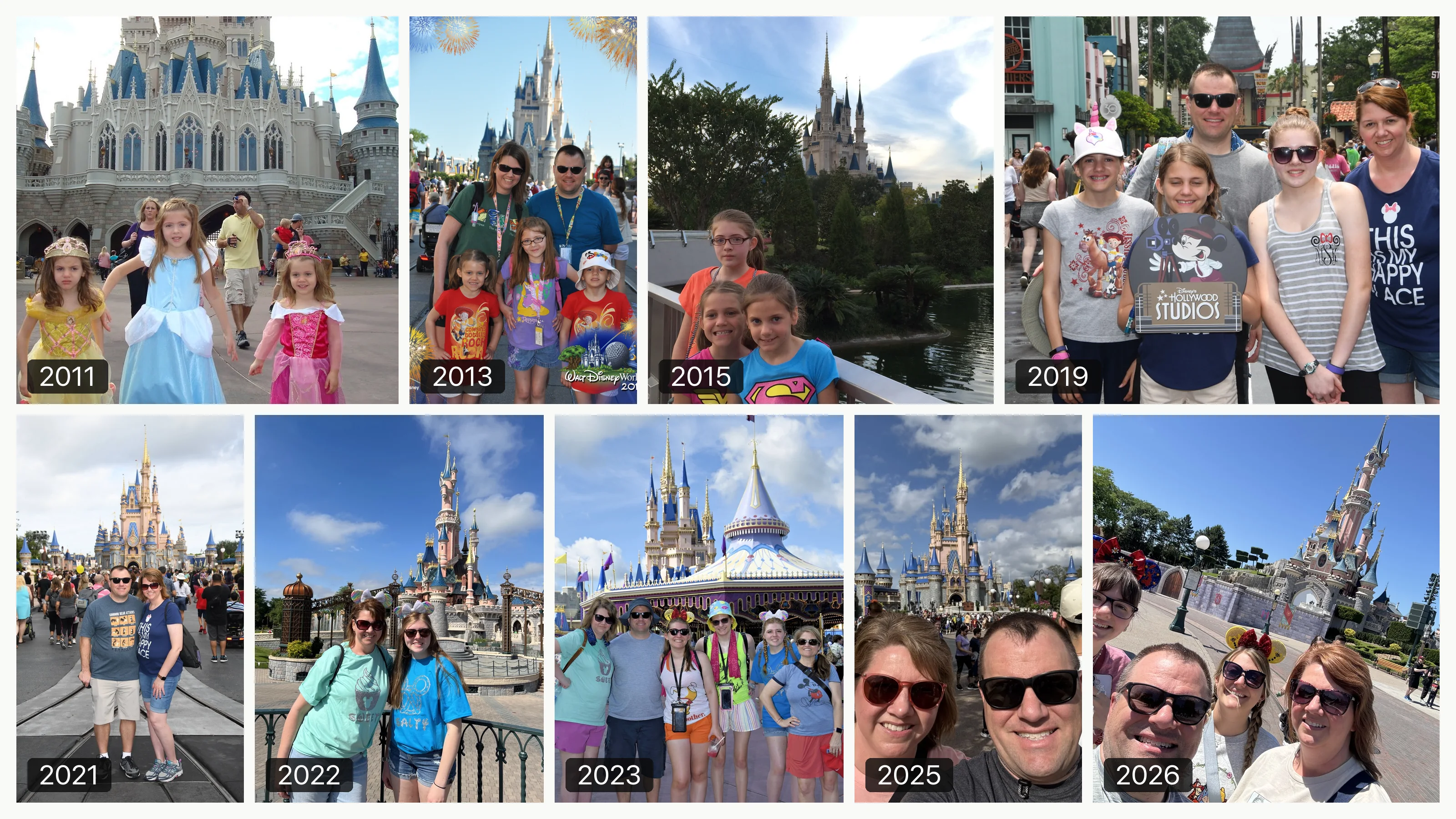 A dated collage of Angela and Brian’s family during Disney trips from 2011 through 2026 as their daughters grow from young children to adults