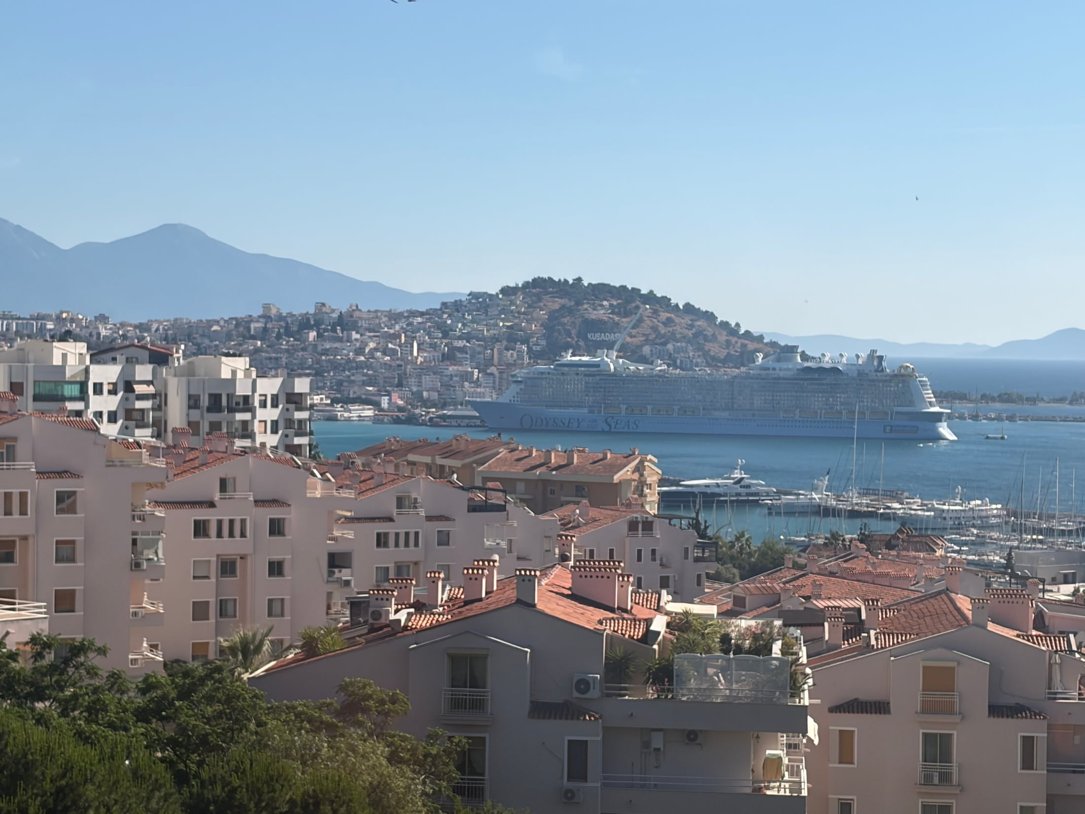 A cruise ship docked in Kuşadası below red-roofed buildings and the Aegean hills