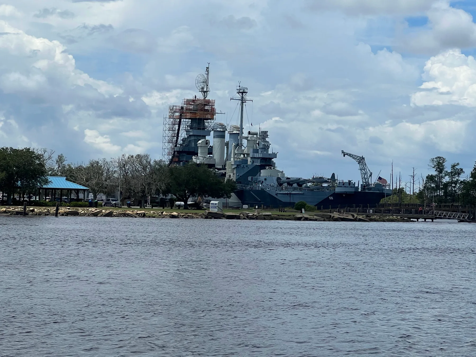 Battleship NORTH CAROLINA viewed across the Cape Fear River from a Wilmington boat tour